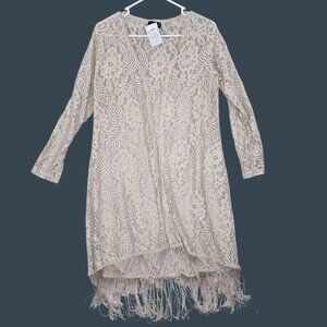 Three-Quarter Sleeve Beige Lace Kimono Duster With Fringe Large
